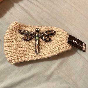 Wide knitted cream headband earwarmer with butterfly detail